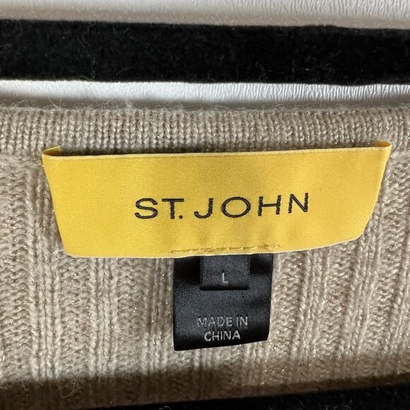 St. John Metallic Rib knit‎ sweater Women’s Size Large Wool Cashmere Tan Luxury - Picture 4 of 9